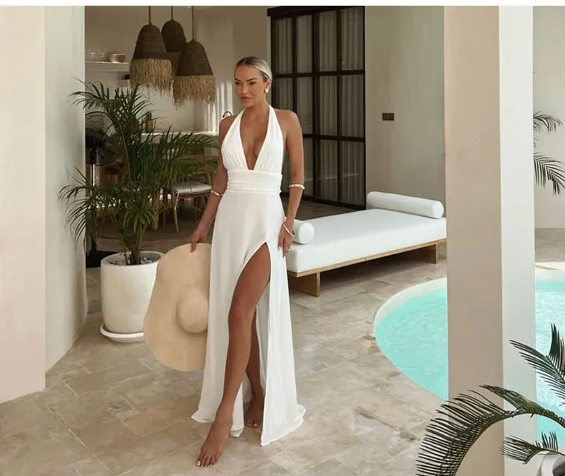 Heidi Fashion | Deep-cut Halter Dress with Slit