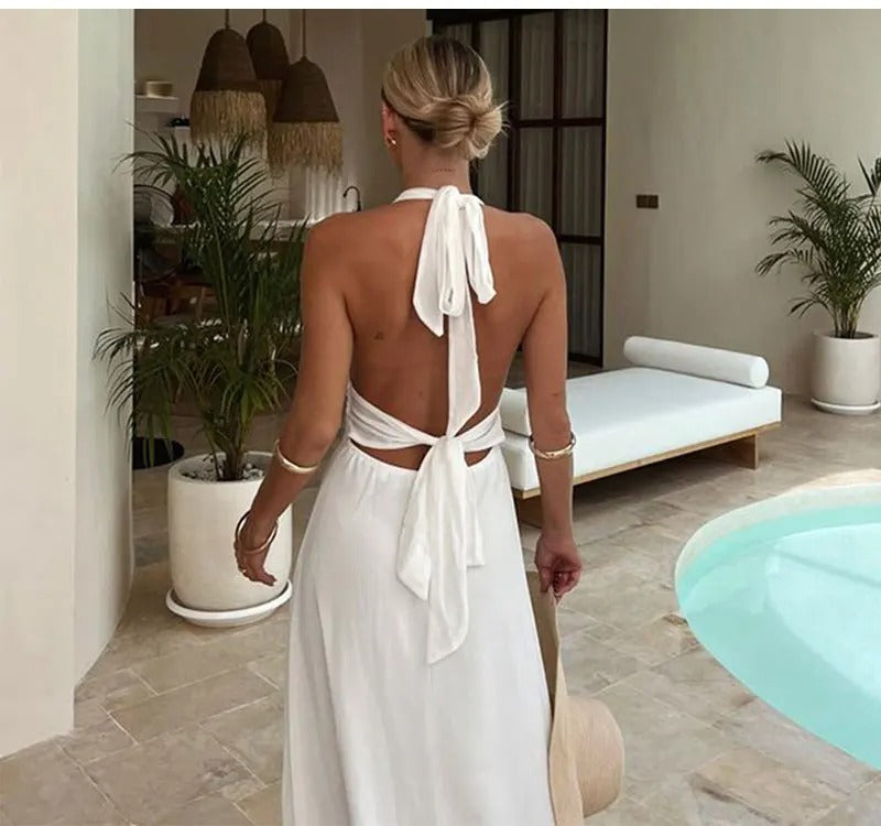 Heidi Fashion | Deep-cut Halter Dress with Slit