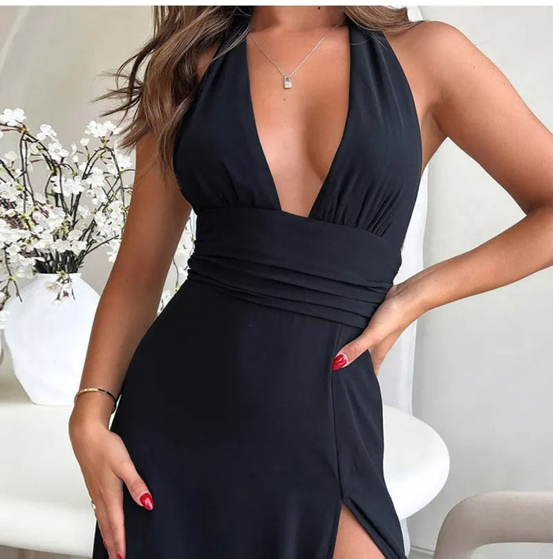 Heidi Fashion | Deep-cut Halter Dress with Slit