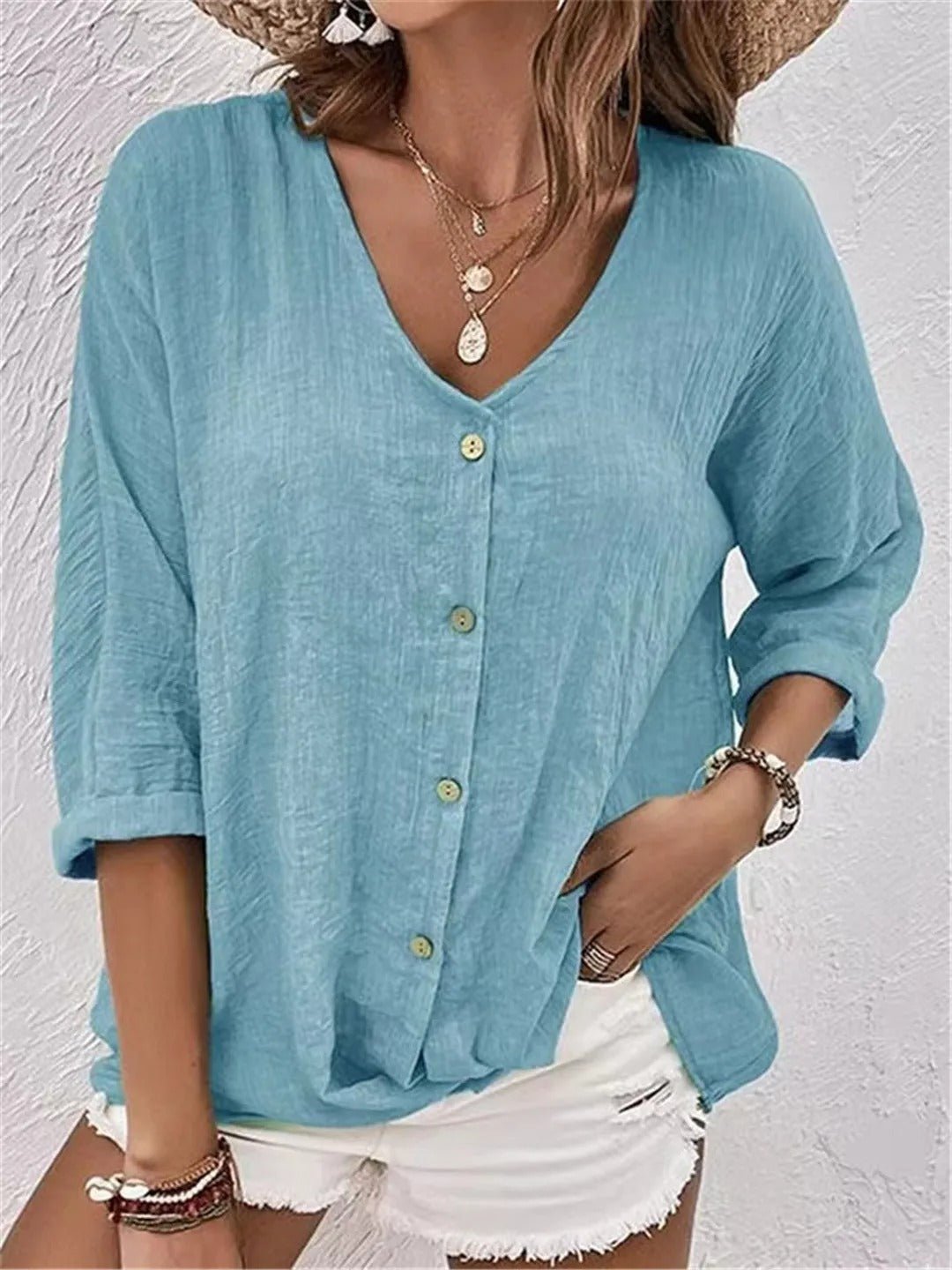 Fayo - Effortless Blouse Top with V-Neck and Button Placket