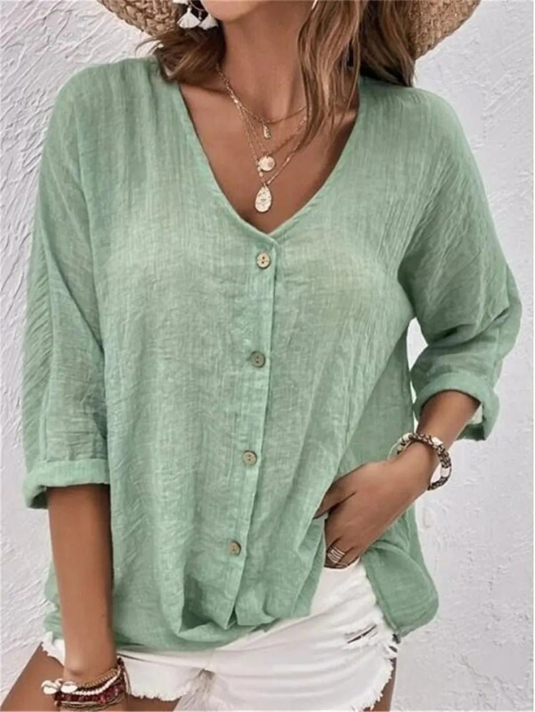 Fayo - Effortless Blouse Top with V-Neck and Button Placket