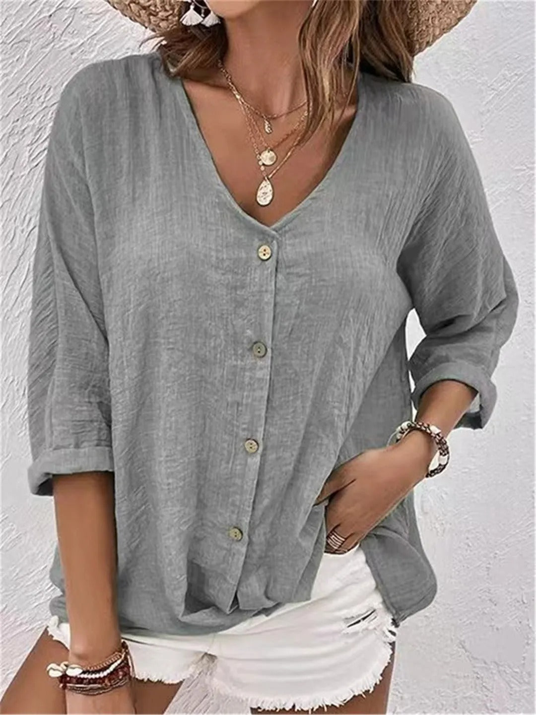 Fayo - Effortless Blouse Top with V-Neck and Button Placket