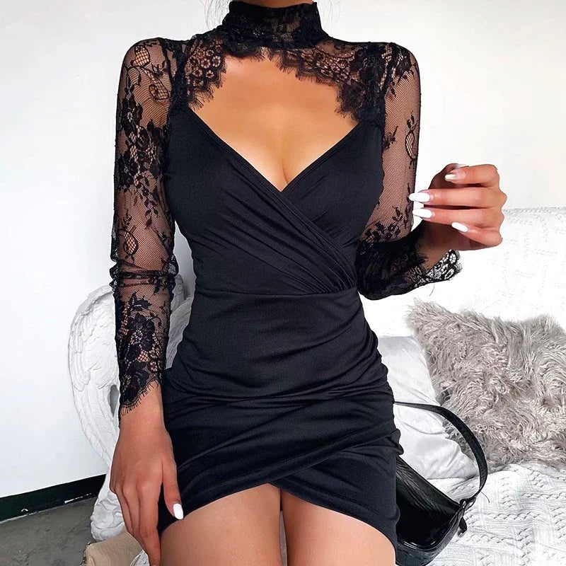 Mini dress with lace trim and high collar