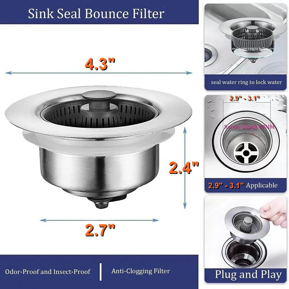 Drain Strainer & Stopper | 304 Stainless Steel + ABS | Anti-Clog Basket | Fits Standard Kitchen Sinks