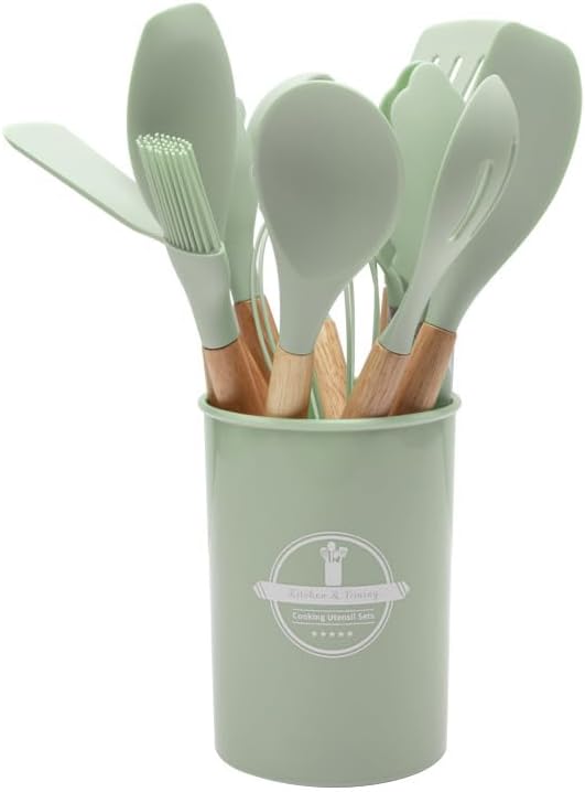 Silicone Cooking Utensil Set | Nonstick Safe | Wooden Handle | Heat Resistant
