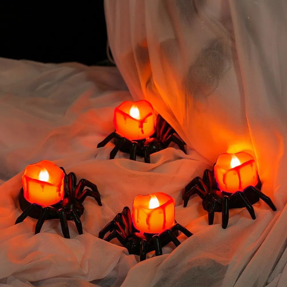 Halloween Spider LED Candle Lights | Flameless Battery Operated | Warm Yellow Glow | Indoor/Outdoor Decoration