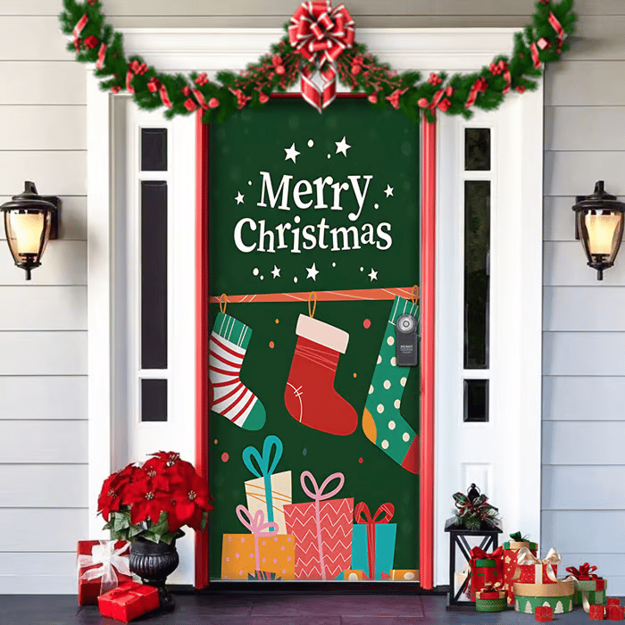 Christmas Door Cover | Santa & Gingerbread Design | Festive Entrance Decoration | Easy Installation | 36×80 in