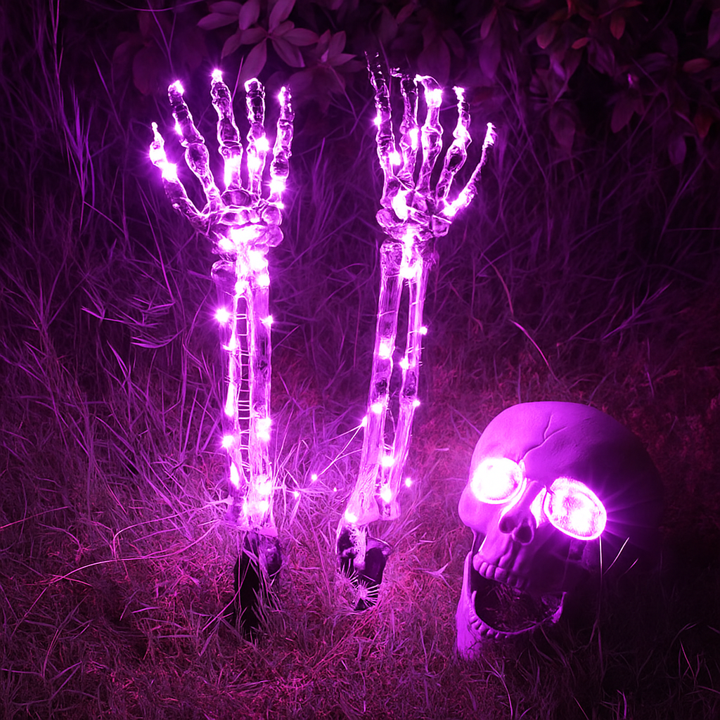 Halloween Yard Decoration | Light-Up Skull & Skeleton Arms | 8-Mode LED Outdoor Prop