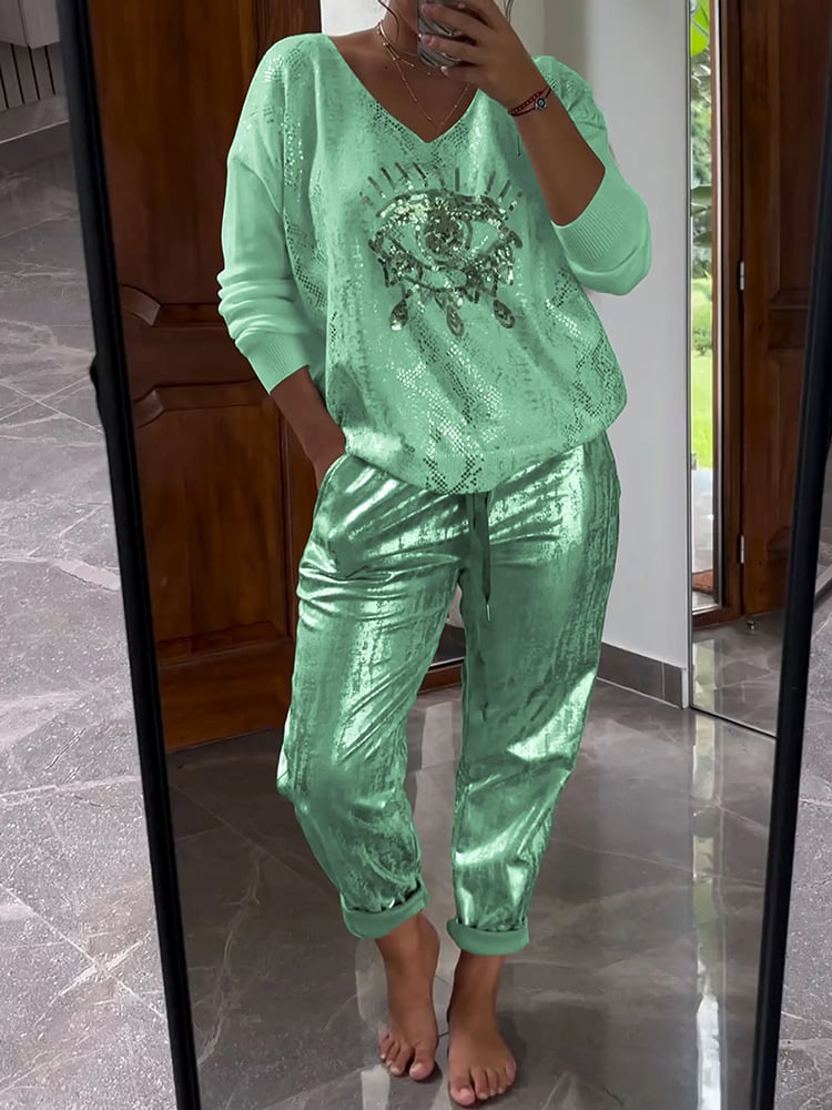 Women’s Two-Piece Outfit | V-Neck Long Sleeve Top & Glitter Pants Set | Spring/Summer