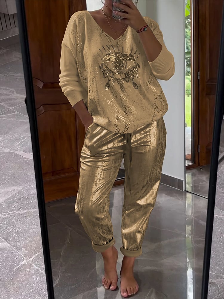 Women’s Two-Piece Outfit | V-Neck Long Sleeve Top & Glitter Pants Set | Spring/Summer