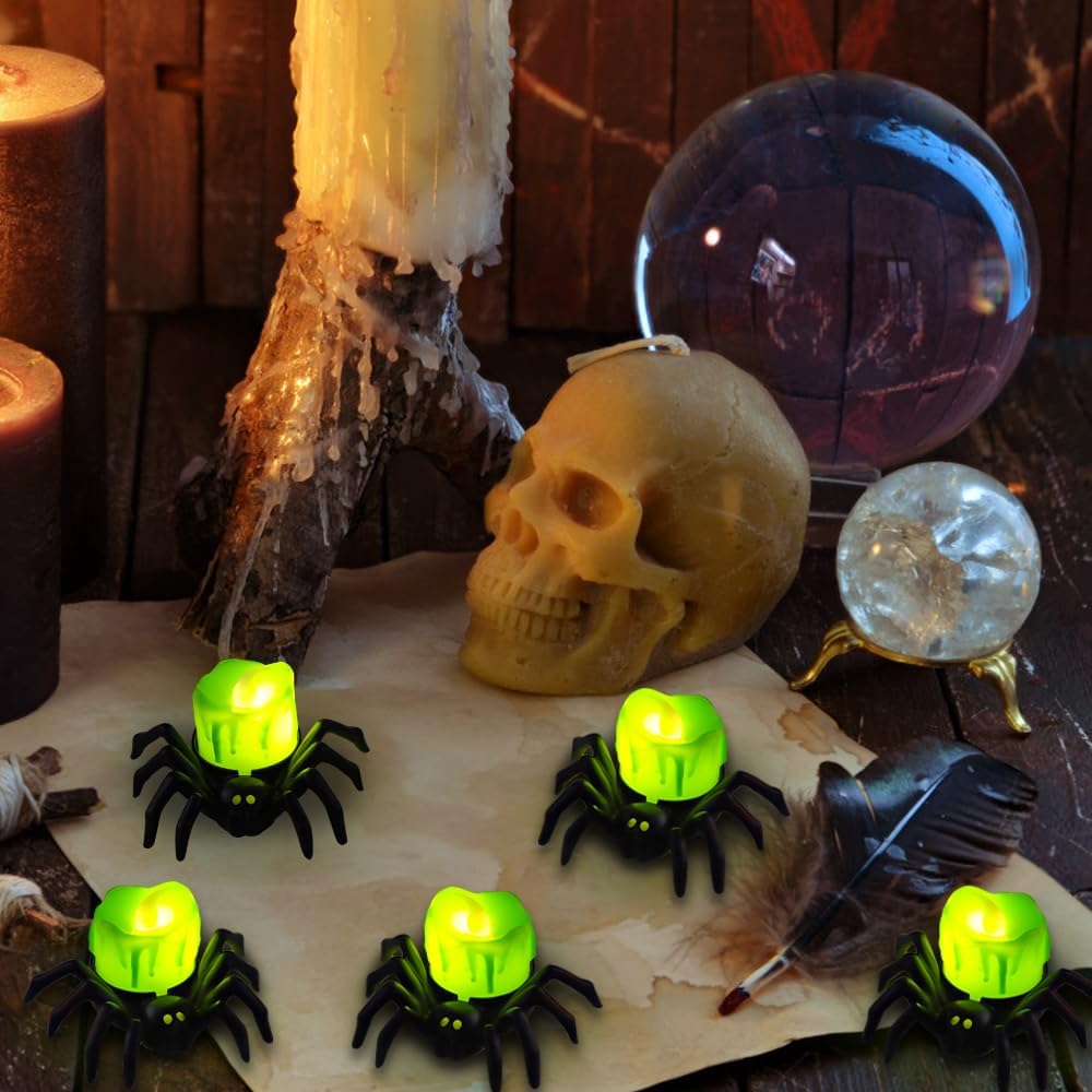 Halloween Spider LED Candle Lights | Flameless Battery Operated | Warm Yellow Glow | Indoor/Outdoor Decoration