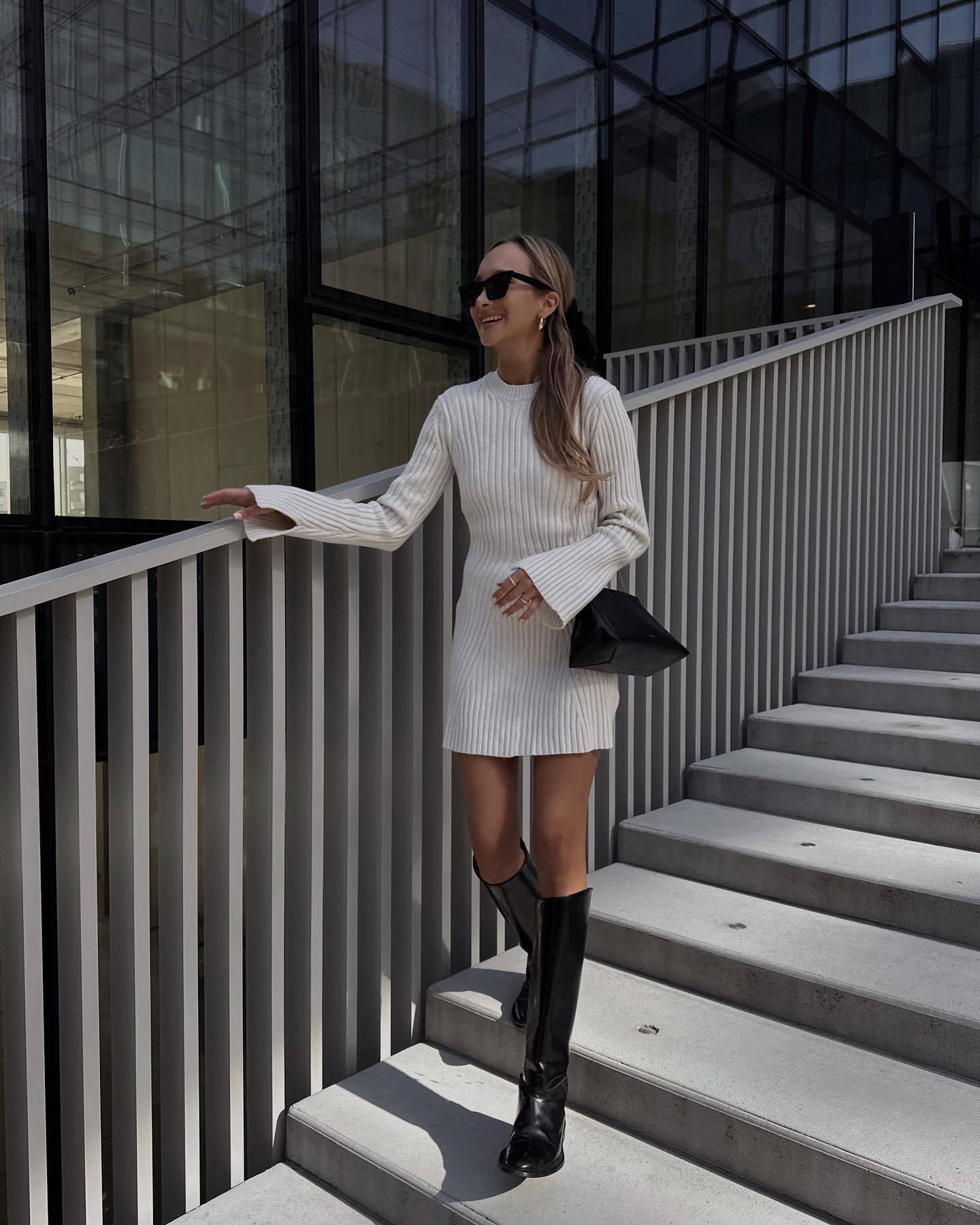 Women’s Rib-Knit Dress | Long Sleeve Slim Fit | Round Neck with Slit Cuffs