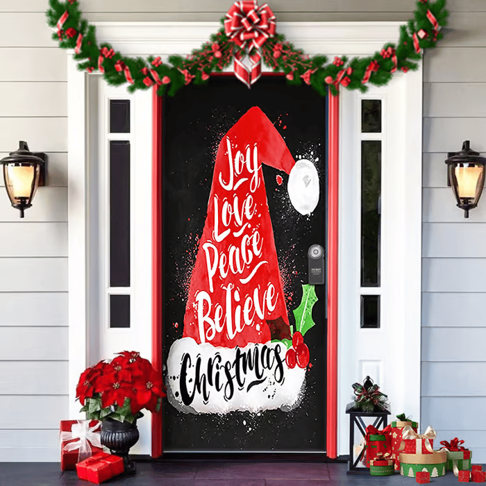 Christmas Door Cover | Santa & Gingerbread Design | Festive Entrance Decoration | Easy Installation | 36×80 in