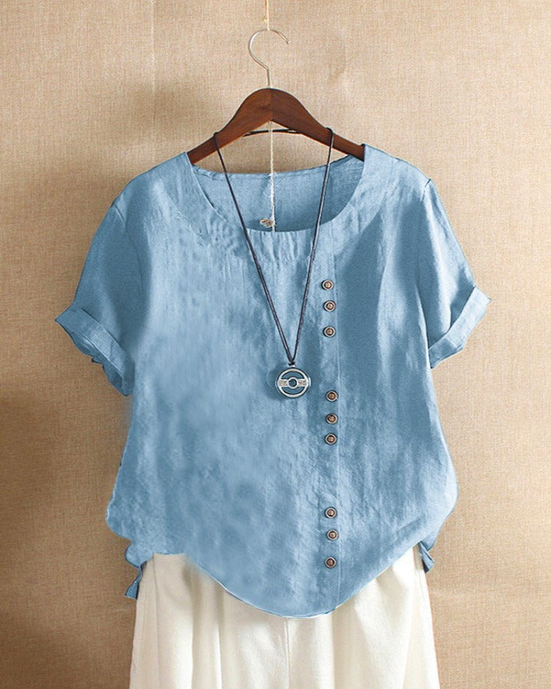 Short-sleeved summer blouse for women | Round neckline