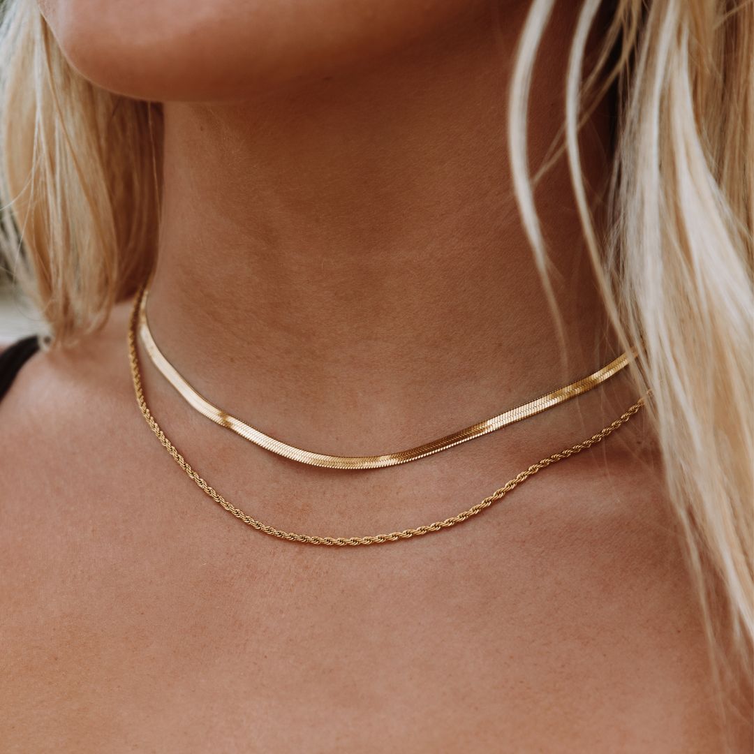 Women’s Layered Necklace | Gold Herringbone Choker & Rope Chain | Waterproof