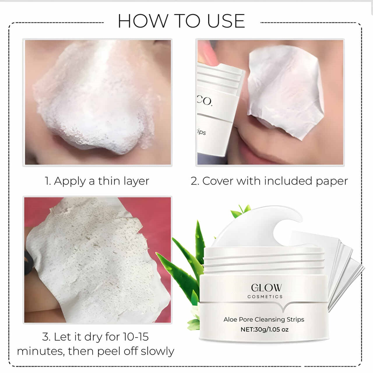 Pore Cleansing Strips with Aloe Vera & Charcoal | Blackhead Removal | 30g Gel + 60 Strips