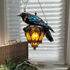 Crow Pendant Lantern | Hand-Painted Gothic Decor | Amber Glass & Metal Hanging Light