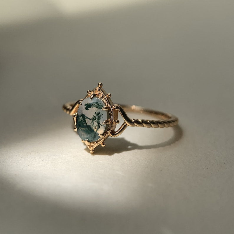 Women’s Moss Agate Ring | 925 Sterling Silver | Gold Plated | 5×7mm Stone