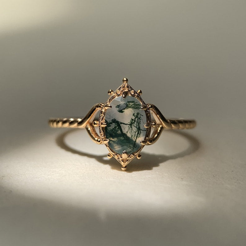 Women’s Moss Agate Ring | 925 Sterling Silver | Gold Plated | 5×7mm Stone