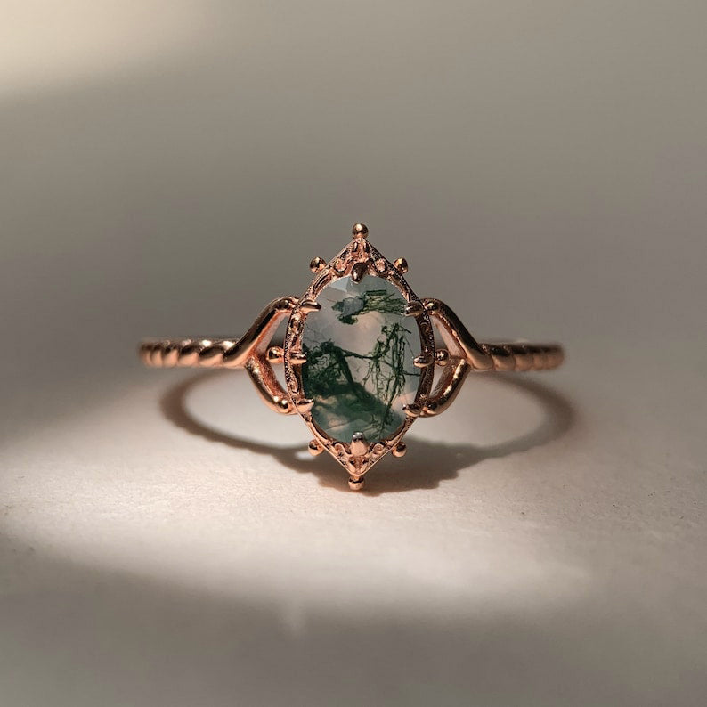 Women’s Moss Agate Ring | 925 Sterling Silver | Gold Plated | 5×7mm Stone
