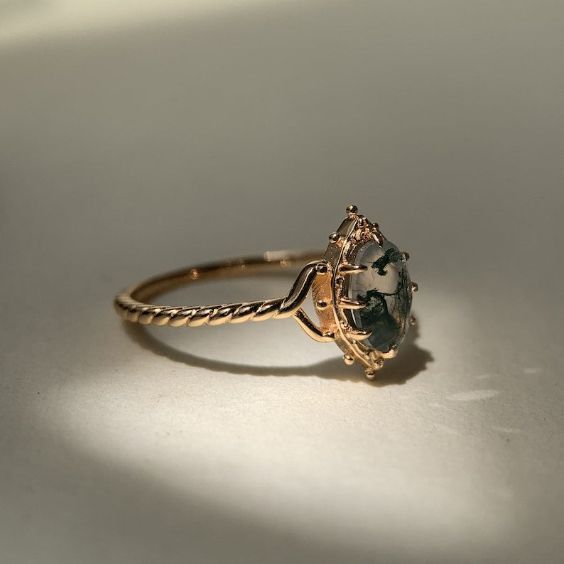 Women’s Moss Agate Ring | 925 Sterling Silver | Gold Plated | 5×7mm Stone