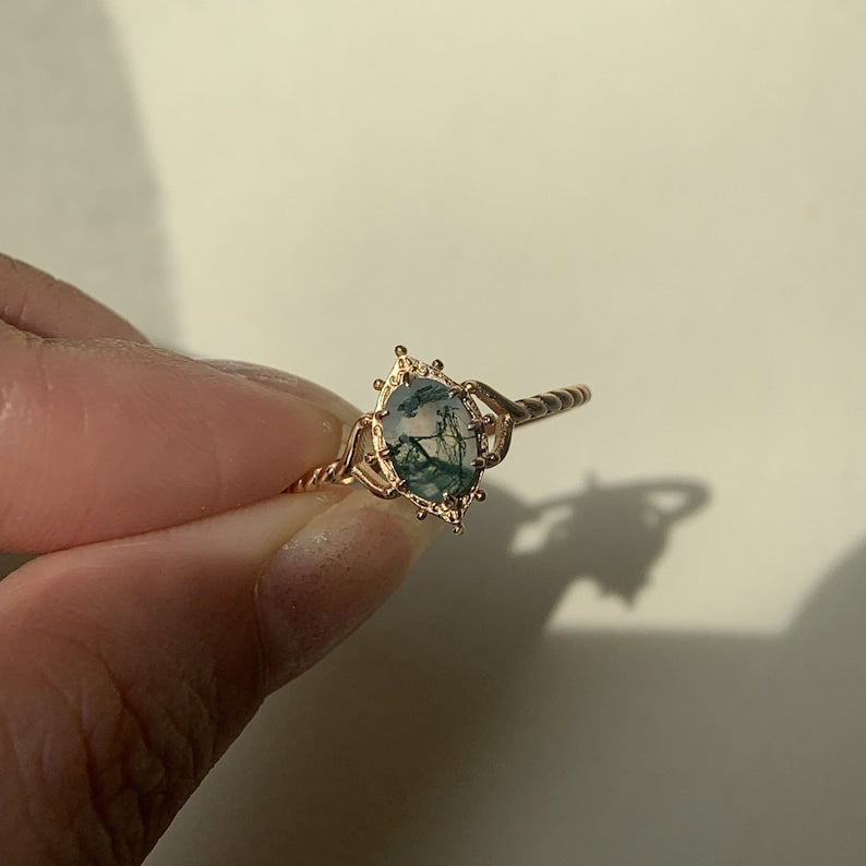 Women’s Moss Agate Ring | 925 Sterling Silver | Gold Plated | 5×7mm Stone