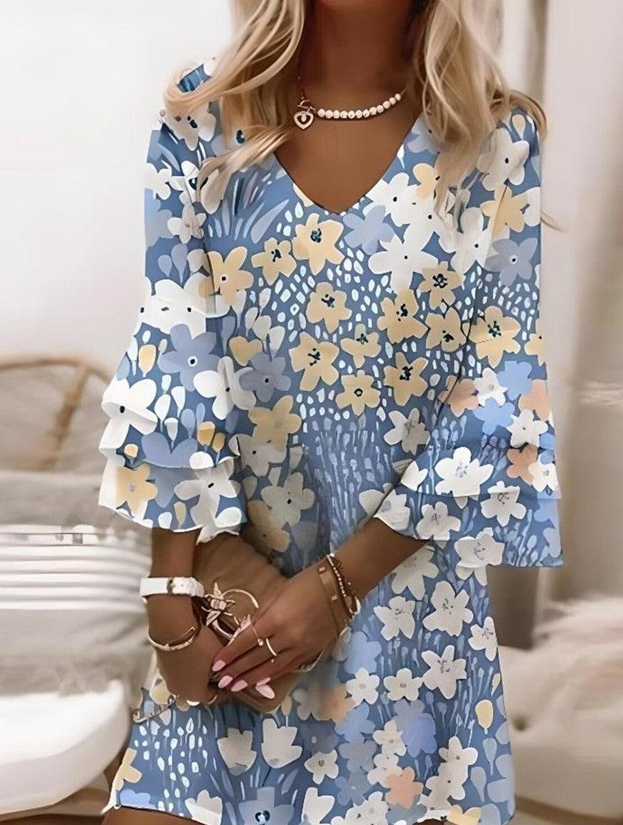 Blue Mini Dress with Floral Pattern and V-Neck