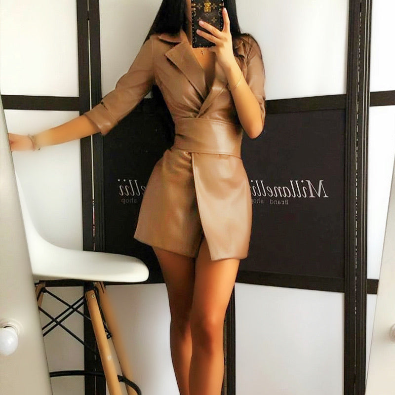 Elegant leather romper with belt