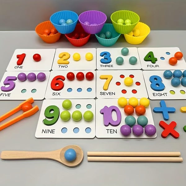 Montessori Math Learning Set | Wooden Beads with Chopsticks & Spoons | Early Education Toy