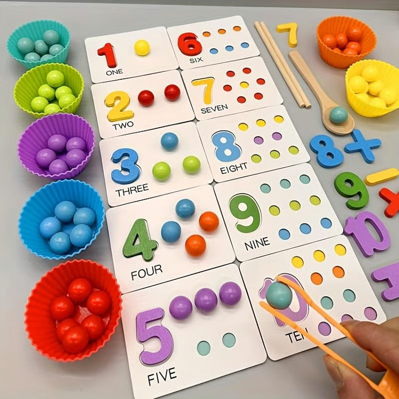 Montessori Math Learning Set | Wooden Beads with Chopsticks & Spoons | Early Education Toy