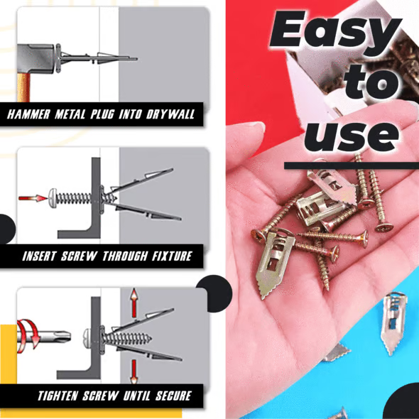 Drywall Anchor Screws | No-Drill Expansion Lock | Heavy-Duty Steel | Holds up to 66 lbs