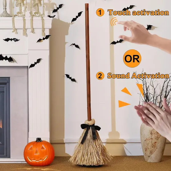Halloween Floating Witch Broom | Voice & Touch Activated | Eerie Laugh Effect | Battery Powered