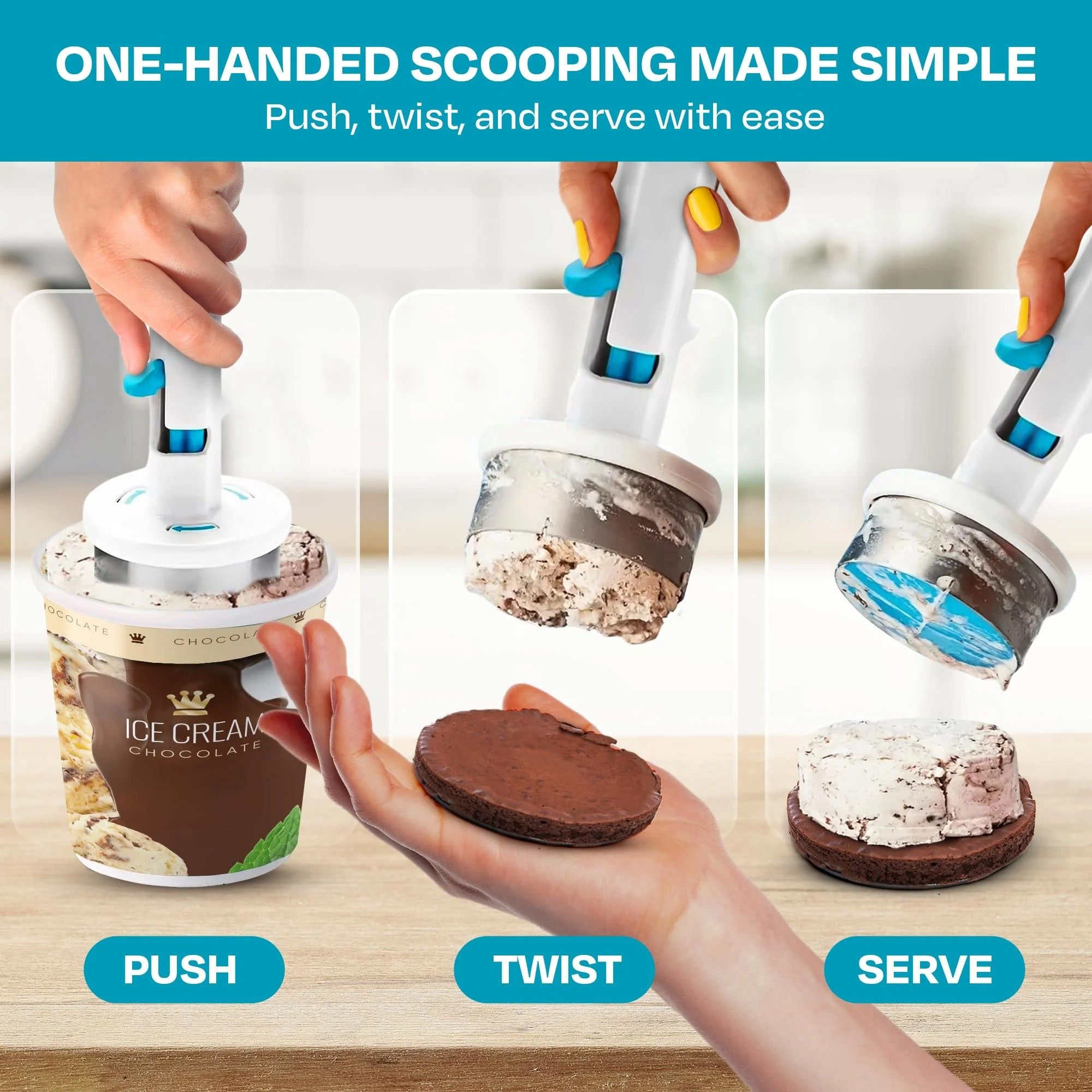 Ice Cream Sandwich Scoop | ½-Cup Serving Size | One-Handed Non-Stick Design | Dishwasher Safe