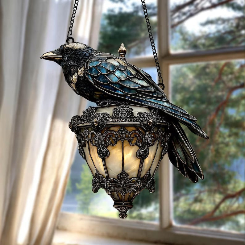 Crow Pendant Lantern | Hand-Painted Gothic Decor | Amber Glass & Metal Hanging Light
