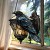 Crow Pendant Lantern | Hand-Painted Gothic Decor | Amber Glass & Metal Hanging Light