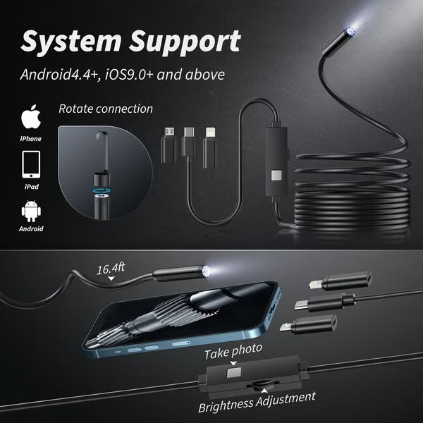 HD Inspection Camera | Waterproof Endoscope | 8 LED Lights | Flexible 16.4ft Cable | Phone Compatible