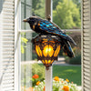 Crow Pendant Lantern | Hand-Painted Gothic Decor | Amber Glass & Metal Hanging Light