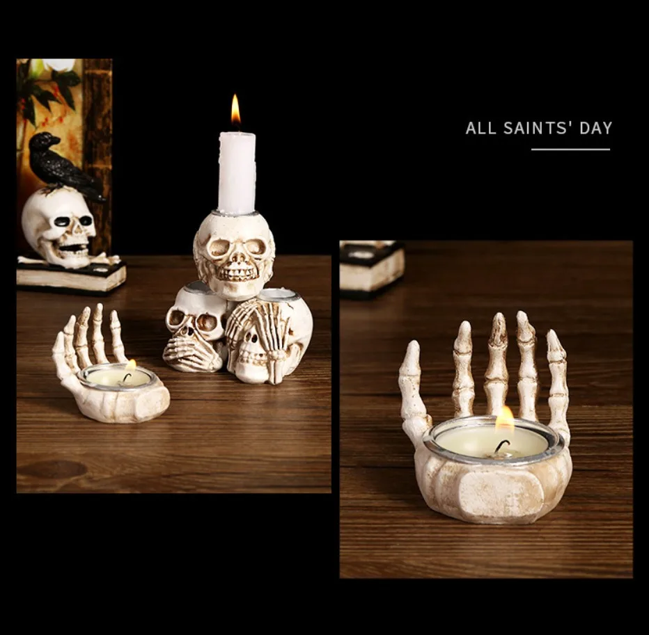 GothicGlow™ 3pc Halloween Skull Candle Holder Set