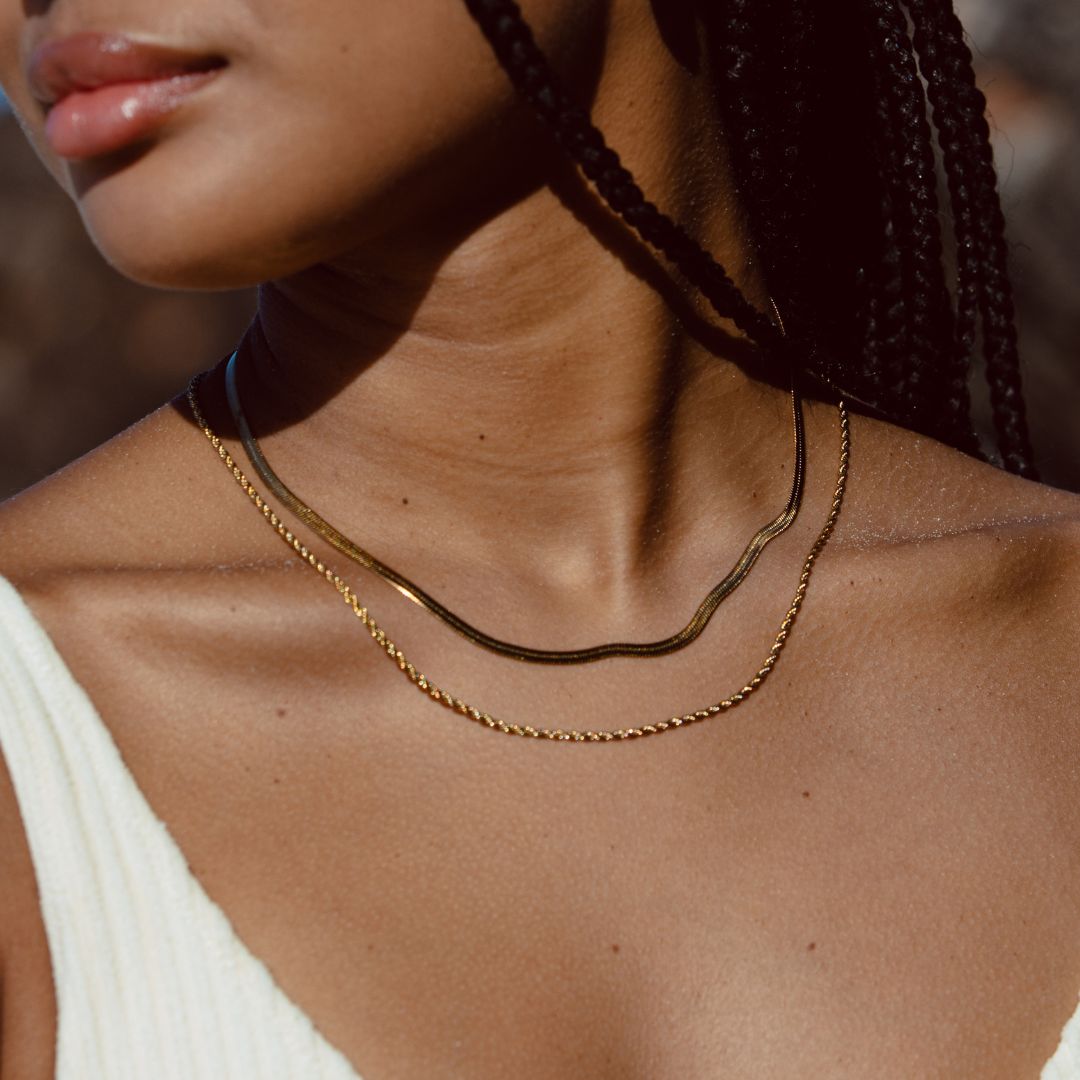 Women’s Layered Necklace | Gold Herringbone Choker & Rope Chain | Waterproof