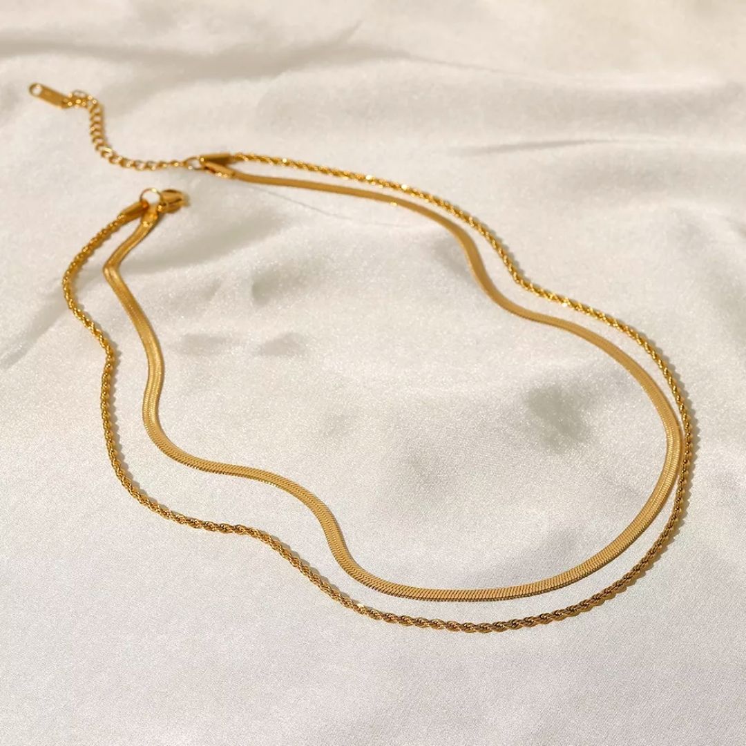 Women’s Layered Necklace | Gold Herringbone Choker & Rope Chain | Waterproof