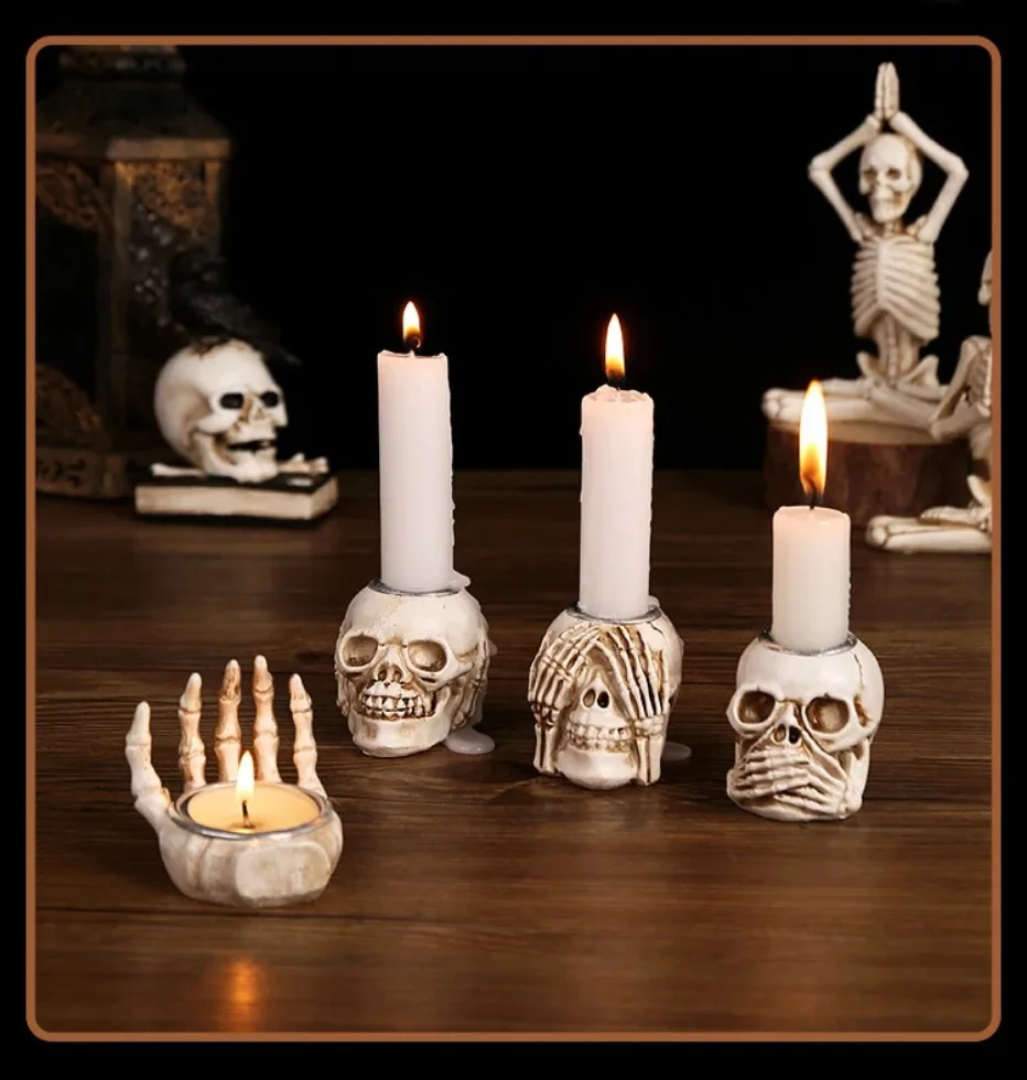 GothicGlow™ 3pc Halloween Skull Candle Holder Set