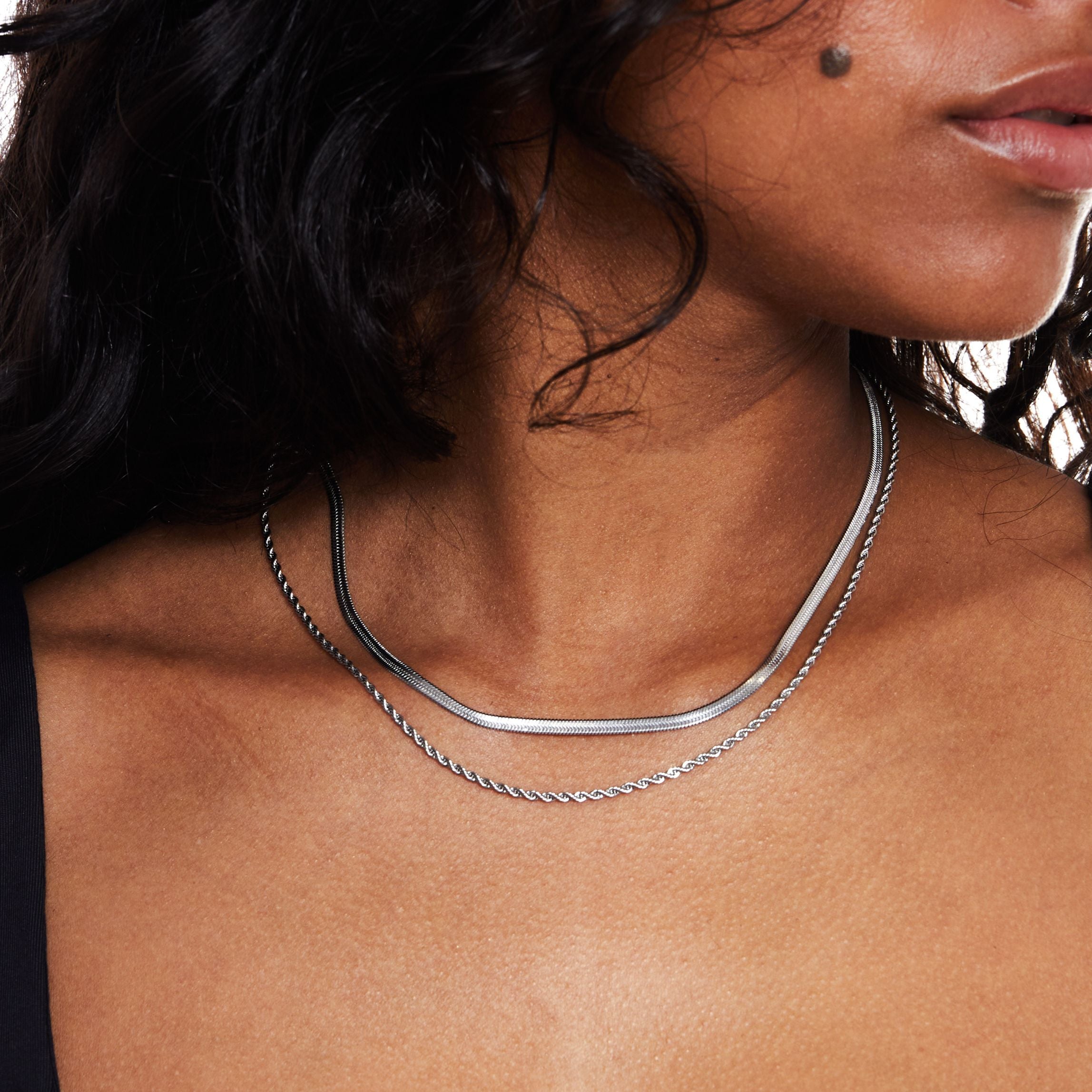 Women’s Layered Necklace | Gold Herringbone Choker & Rope Chain | Waterproof