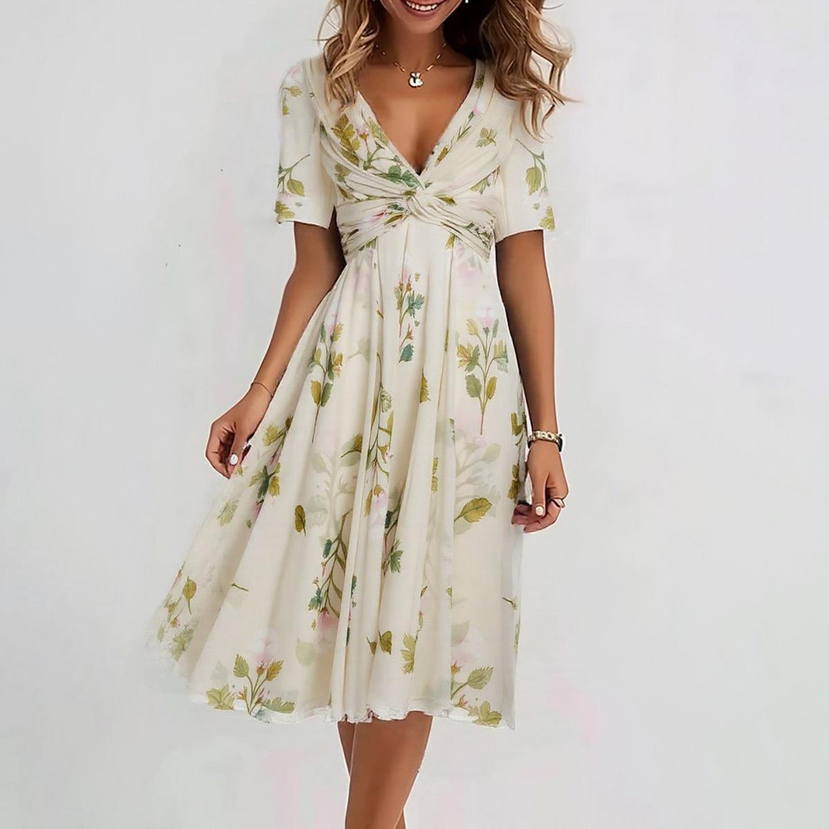 Popular short-sleeved midi dress with V-neckline
