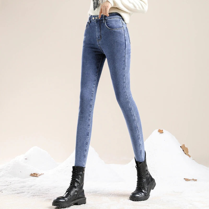Fleece-lined women's winter jeans with high waist