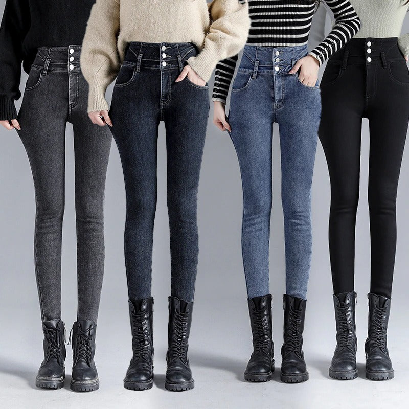 Fleece-lined women's winter jeans with high waist