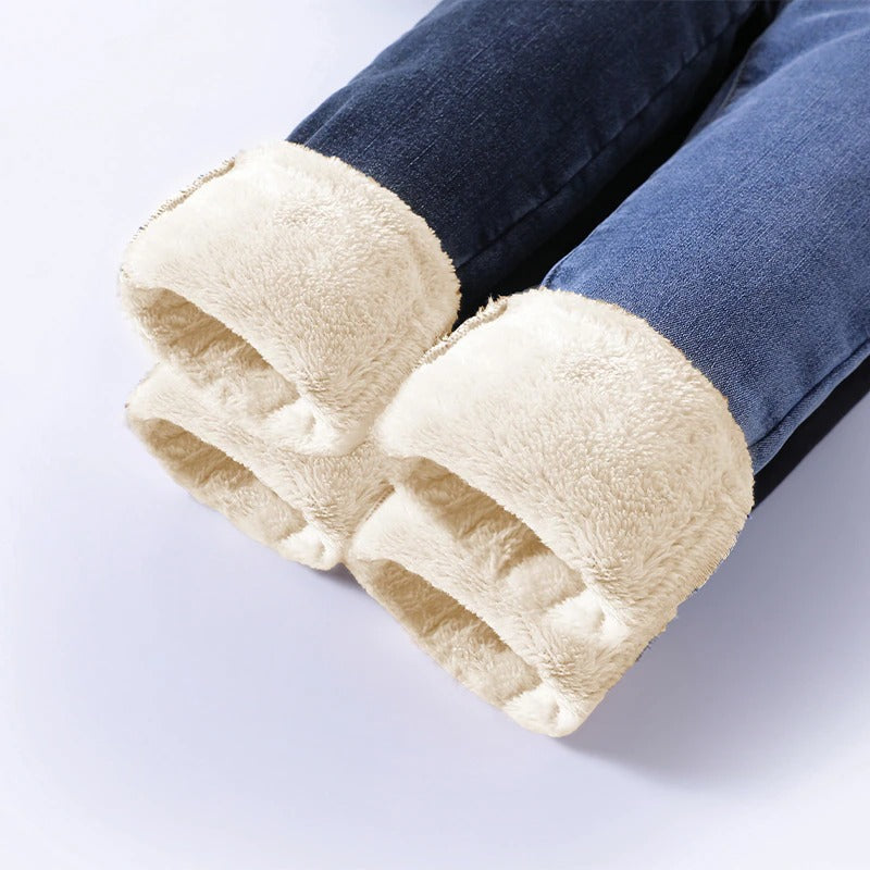 Fleece-lined women's winter jeans with high waist